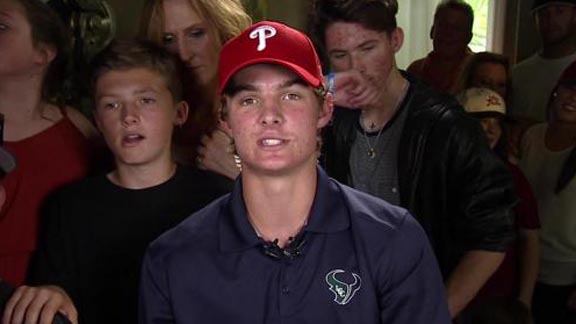 La Costa Canyon's Mickey Moniak speaks to local media after he was chosen No. 1 overall in Thursday's MLB Draft. Photo: CSNPhilly.com.