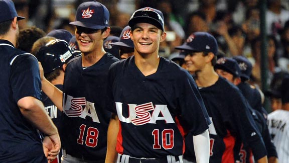 Mr. Baseball State Player of the Year Mickey Moniak (10) reacts after USA team wins game in international competition. He just graduated from La Costa Canyon. Photo: wbsc.org.