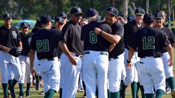South Hills players and coaches celebrate after the final out in CIFSS Division II semifinal win over Damien of La Verne. Photo: South Hills High School Baseball/Facebook.com.