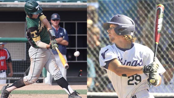 Lee Brewer (left) hit nine homers and batted nearly .400 for Tracy team that made it to CIF Sac-Joaquin Section Division I finals. Another top junior was Valencia's Ben Fariss, who batted .449 and drove in 46 runs. Photos: Glenn Moore/Tracy Press & signalscv.com. 