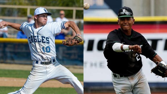 Andrew Brown (left) helped Granite Hills of El Cajon win the CIF San Diego Section D1 title while Armani Smith (right) did same for De La Salle of Concord in the CIF North Coast Section. Photos: granitehillsbaseball.com & @DLSBaseball/Twitter.com.