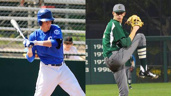 Two players who cracked the first team all-state lineup for different reasons are Ryan Kreidler of Davis (left) and Nick Lodolo from Damien of La Verne. Lodolo recently turned down $1.75 million signing bonus and will play next at TCU. Photos: James K. Leash/SportStars & @damienspartans/Twitter.com.