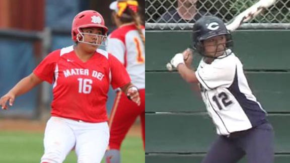 Priscilla Martinez from Mater Dei of Santa Ana already has been named the CIF Southern Section Division I Player of the Year. Kelsey Ching (right) from Carlmont of Belmont helped that team reach the CIF Central Coast Section D1 final. Photos: Patrick Takkinen/OCSidelines.com & YouTube.com.