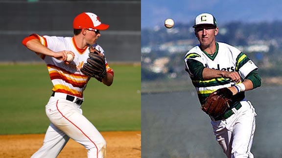 All-Orange County third baseman Aharon Modlin of Irvine Woodbridge (left) and All-CIF San Diego shortstop Zach Weller of Coronado are now both all-state first team players with Modlin getting first team medium schools and Weller first team small schools. Photos: Warren Modlin/OCSidelines.com & Joan S. Fahrenthold/coronadonewsca.com.