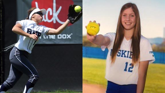 Outfielder Zia Norris (left) of Rolling Hills Prep and pitcher/multi-purpose Hailey Dolcini of Fortuna both gained first team all-state honors for small schools. Photos: Courtesy family & Twitter.com.