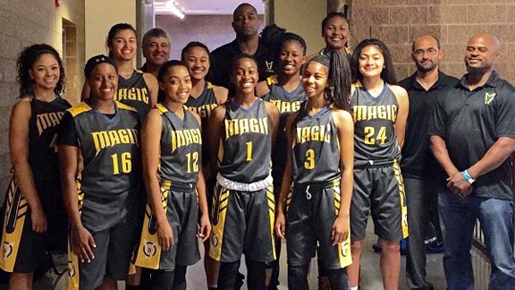 The Orinda Magic girls pose in Portland where they competed in the End of the Trail tournament. They head to Anaheim this weekend to kick off the second half of the NCAA viewing period before coming back to the Bay Area for their final NCAA certified event in two weeks. Courtesy photo. 