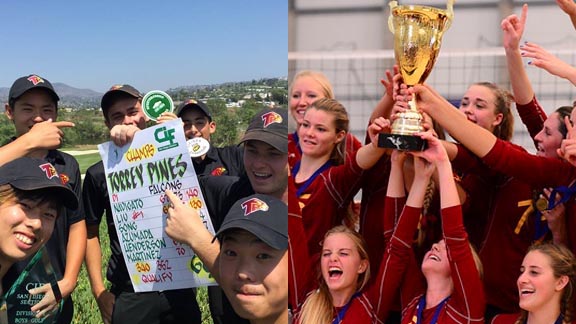 Two of the top teams at Torrey Pines were in boys golf (which is shown after it won CIF state title) and girls volleyball (shown after it won ASCICS Challenge in midst of 35-2 season). Photos: Torrey Pines Golf/Facebook.com & Ana Scipione.