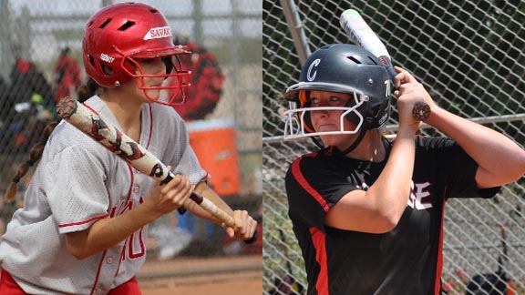 Two of those on the all-state second team are Kristin Worley of Anaheim Savanna (left) and Autumn Bishop (right) of Murrieta Valley. Worley set a state record with 281 career hits, including 81 for this season. Bishop had a great season after her twin sister, Amber, was lost with a knee injury. Photos: Savanna Softball/OCSidelines.com & couragestudentathlete.com.