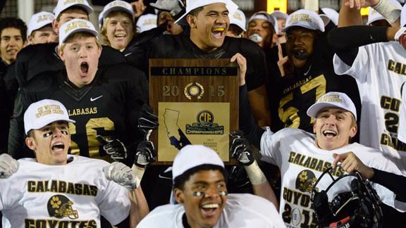 Players from Calabasas whoop it up after their team won last year's CIF Southern Section Western Division title. The team will try to win it in a higher division this year. Photo: calabasasathletics.com.