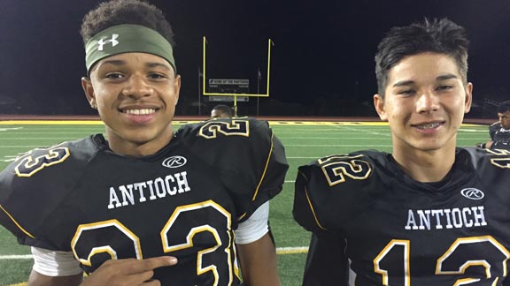 The pass-catch combo of Isaiah Dunn and Willem Karnthong hooked up twice for touchdowns during Antioch's victory on Friday against Lincoln of Stockton. Photo: Mark Tennis.