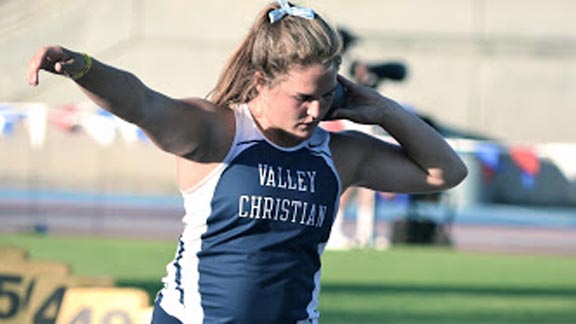 Elena Bruckner shows concentration in the shot put. The Valley Christian of San Jose grad also is among nation's all-time best in the discus. Photo: vcrunning.com.