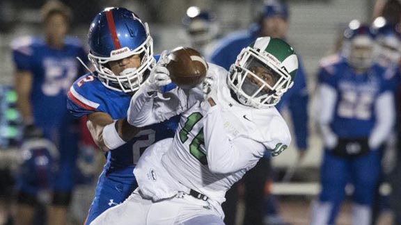 Keaton Hampton of No. 13 Stockton St. Mary's makes a catch during 56-48 CIF Sac-Joaquin Section D1 semifinal loss last season at Folsom. Photo: Craig Sanders/Stockton Record. 