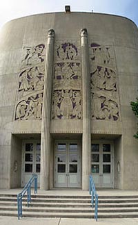 The auditorium at King City High is a registered national landmark due to the artwork on the front of it. Photo: Wikipedia.com.