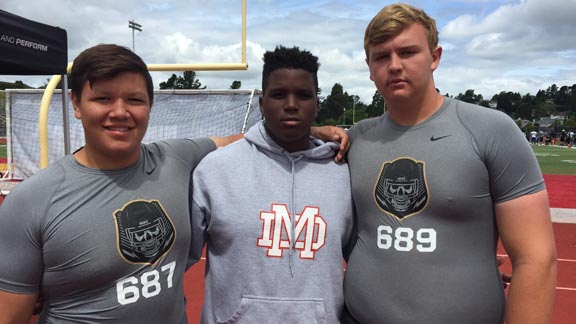 Three of the top offensive linemen for Mater Dei of Santa Ana are Kekeniokoa Gonzalez, Christaphany Murray and Tommy Brown. Tommy is a 6-7, 330-pound junior. Photo: Mark Tennis.