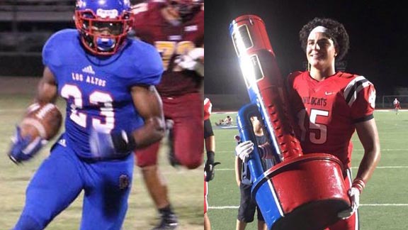 Tyler Nevens of Los Altos (left) starts the season with more than 3,000 yards rushing in his career. Jaelen Phillips of Redlands East Valley (right) can probably throw the Smudge Pot trophy around like he does opposing quarterbacks. Photos: losaltosathletics.com & Twitter.com.