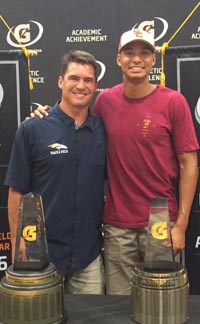 The USC-bound Norman stands with Vista Murrieta track coach, athletic director and former football coach Coley Candaele, who was a State Athlete of the Year himself for small schools back in 1989-90. Photo: Twitter.com.