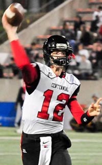 Tanner McKee unleashes pass for Corona Centennial last season. He was a sophomore behind senior Anthony Catalano and now will be the junior starter. Photo: Hudl.com.
