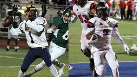 Tyree Bracy (left) accounted for six TDs to lead Milpitas in upset win over state-ranked Antioch while Brandon Reaves lifted San Clemente in win over Huntington Beach. Photos: Hudl.com & Twitter.com.