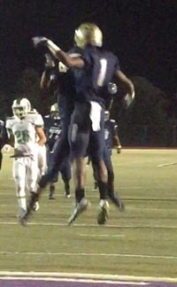 Terrell Bynum celebrates with teammate after St. John Bosco touchdown in its win against St. Mary's of Stockton. Photo: @boscofootball/Twitter.com.