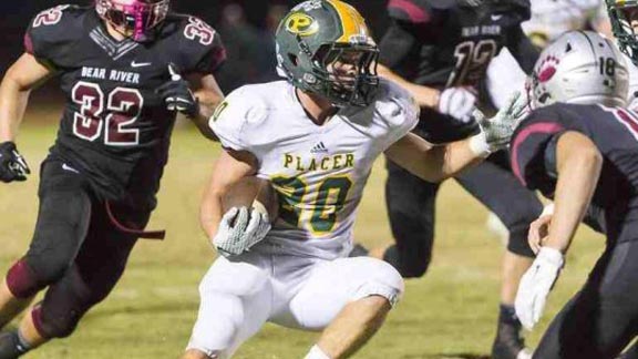 Placer's Jared Halbert makes a move during 2015 game vs. Bear River. The Hillmen went 12-1 and were in Sac-Joaquin Section D3 semifinals. Photo: hillmenfootball.org.