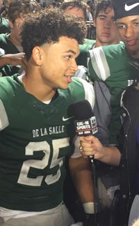 Kairee Robinson of De La Salle gets interviewed by Cal-Hi Sports Bay Area after he scored three times in win over Antioch. Photo: Mark Tennis. 
