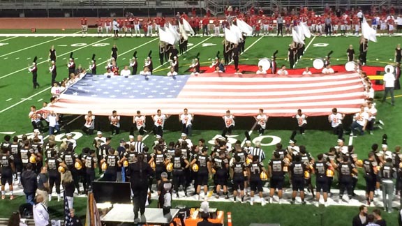 The flag displayed during the national anthem at Mission Viejo-Oak Hills of Hesperia game on Friday once flew at Ground Zero in New York City. Photo: Twitter.com.