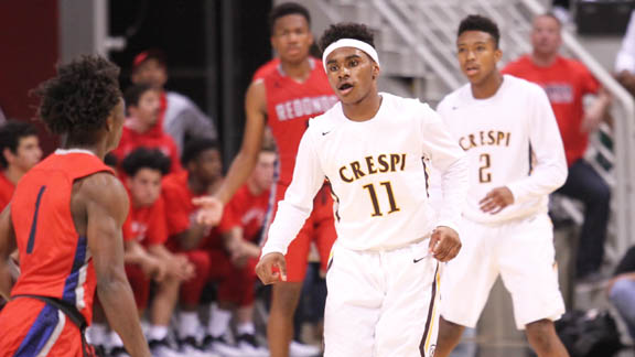 Guard Taj Regans (No. 11) of two-time defending CIF state champ Encino Crespi breaks into the 2018 Cal-Hi Sports Hot 100, while backcourt mate Brandon Williams (No. 2) has played himself into a Mcdonald's All-American candidate. Photo: Andrew Drennen