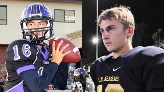 Based on the careers they've already had and the teams that they're on this season, barring injury, both Andrew Tovar of L.A. Cathedral and Tristan Gebbia of Calabasas are almost guaranteed to reach 10,000 career passing yards later this season. Photos: David Barcenas/PhantomsFootball.com & Twitter.com.