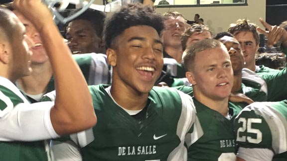 Tre White and teammates from Concord De La Salle react during post-game TV interview with Cal-Hi Sports Bay Area after win over Antioch. Photo: Mark Tennis.