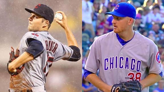Trevor Bauer (left) is once again pitching for the Indians and is wearing Hart High of Newhall black and red in this year's World Series. His Hart teammate, Mike Montgomery (right), pitches for the Cubs. Photos: Twitter.com & bleachernation.com.