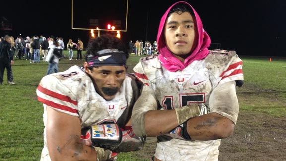 Clayton Valley of Concord's power running duo of James Teofilo (left) and Thomas Alatini led the No. 18 Ugly Eagles to 21-0 win over Concord. Photo: Paul Muyskens.