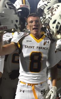 Jackson Higley of St. Francis celebrates with his team after Lancers topped Bellarmine 21-12 on Friday in San Jose. Photo: Mark Tennis.