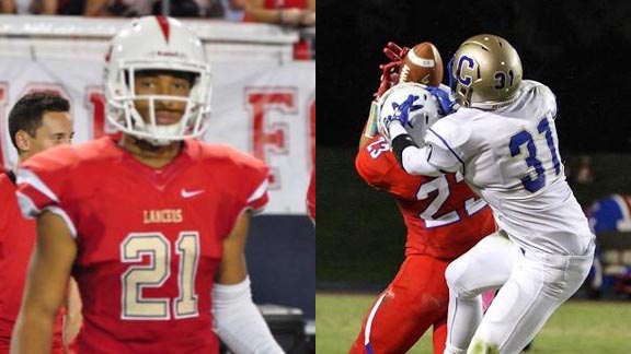 Two of this week's NorCal/SoCal players of the week are Brandon McKinney (left) of Orange Lutheran and Jack Wilkins (right No. 23) of Clovis Buchanan. Wilkins is making one of the four interceptions he had against Clovis. Photos: Twitter.com & Nick Baker/Clovis Roundup.