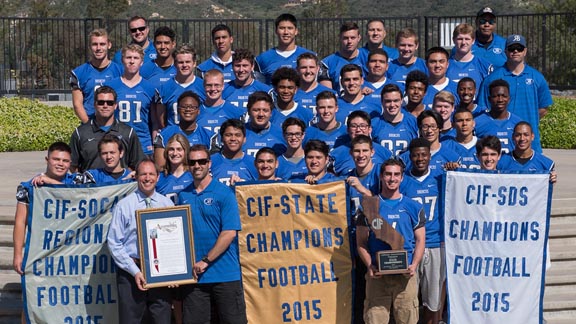 Last year's team at Rancho Bernardo of San Diego collected these banners, but winning this year's San Diego Section Open Division title would eclipse those three combined due to difficulty of opposition. Broncos (9-0) play Poway (9-0) this week. Photo: rbfootball.com.