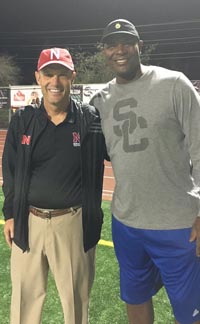 University of Nebraska head coach Mike Riley went to the Calabasas-Westlake game on Friday where he spent time with Keyshawn Johnson Sr., whose son is committed to the Cornhuskers. Photo: Twitter.com.