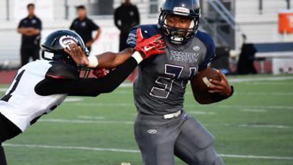 Ronnie Rivers tries to use stiff-arm during game earlier this season against Logan of Union City. He's one of six NorCal/SoCal players of the week. Photo: Tessie Robinson/Prep2Prep.com.