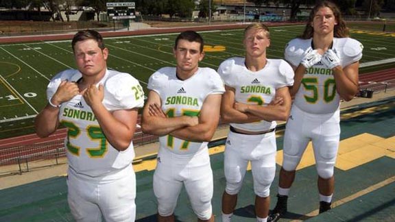 Where unbeaten, dominant small school Sonora lands in the CIF Sac-Joaquin Section playoffs - Division IV or Division V -- will have a big impact in several state divisions. Shown above are Bradley Canepa, Nate Gookin,  Kane Rodgers and Killian Rosko. Photo: John Westberg/The Modesto Bee.