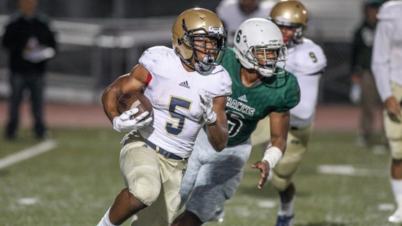 Oregon-bound running back C.J. Verdell of Chula Vista Mater Dei Catholic looks to turn the corner in game earlier this season against Hawkins of Los Angeles. Both teams should place fairly high on the SoCal board if both win section titles. Photo: fi360news.com. 