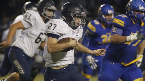 Cole Dubots looks for running room during Vista Murrieta's 38-24 win over No. 21 Bishop Amat in CIF Southern Section D1 playoffs. Photo: Patrick Takkinen/SoCalSidelines.com.