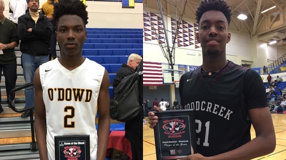 Players of the Game in the final two contests at Saturday's NorCal Tip-Off Classic were Elijah Hardy of Bishop O'Dowd & Jordan Brown of Woodcreek. Photos: Harold Abend.