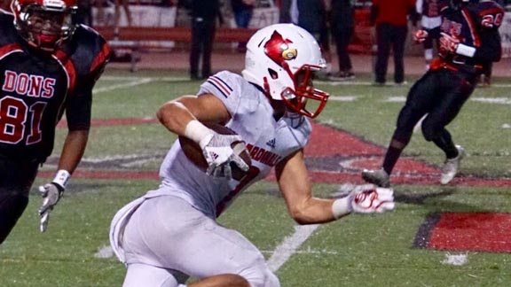 Jacob Moss from Santa Clarita Christian (Canyon Country) catches a pass earlier this season. He’s put himself into the state record book in several season and career categories and last week is getting credit for 380 receiving yards in one game. Photo: Courtesy School.