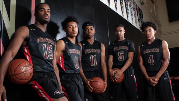 Representing the preseason NorCal No. 1 boys team are Ke’mare Wright, Jaden McClanahan, James Akinjo, Derrick Langford & Jovan McClanahan. Photo: Phillip Walton/SportStars.