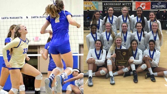 Santa Margarita girls (left) celebrate after winning clutch point during match earlier this season. Mitty girls (right) pose after winning CIF NorCal Open Division title. Which one getting the hardware Saturday? Photos: @SMCHSvolleyball & @Mittyvolleyball/Twitter.com.