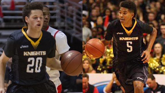 Two of the top players for preseason state No. 1 Bishop Montgomery of Torrance are Jordan Schakel (20) and Ethan Thompson (5). Photos: bmhs-la.org & Patrick Takkinen/SoCalSidelines.com.