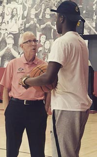 Sierra Canyon standout Adam Seiko talks to San Diego State head coach Steve Fisher during recent visit. Photo: @SCanyonSports/Twitter.com.