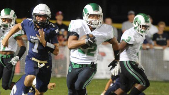 NorCal Defensive Player of the Week Tre Jenkins of Stockton St. Mary's runs with ball earlier this season in game at Central Catholic (Modesto). Photo: Calixtro Romias/RecordNet.com.