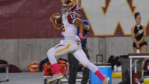Clovis West QB Adrian Martinez had a huge game vs. Clovis and will have to do it again vs. the Cougars in next week's Central Section playoffs. Photo: Nick Baker/The Clovis Roundup.