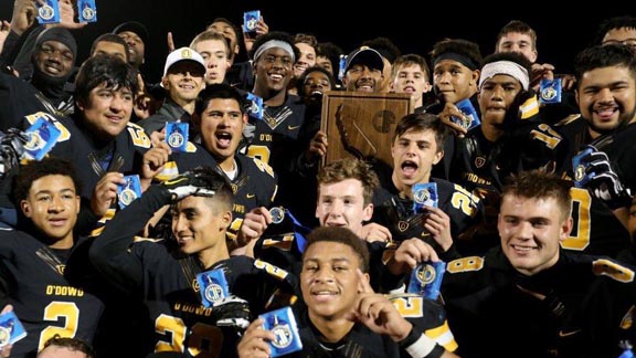 Oakland Bishop O'Dowd's players react after winning CIF NorCal title in D5AA. The Dragons play Valley View (Moreno Valley) in Saturday's state final. Photo: Twitter.com. 