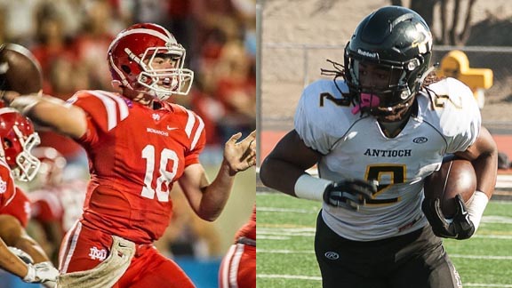 J.T. Daniels of Mater Dei & Najee Harris of Antioch comprise are two of the finalists for the 2016 Mr. Football State POY honor. Photos: Terry Jack/SoCalSidelines.com & SportStarsOnline.com.