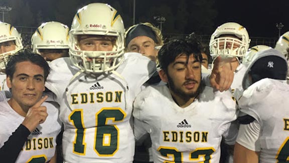 Some of the heroes for No. 11 Edison in its win over La Mirada were (l-r) McCade Barrett, Griffin O'Connor and E.J. Ginnis. Chargers face San Clemente next. Photo: Mark Tennis.